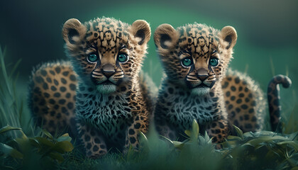 sweet jaguar cubs in the jungle - generative ai