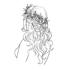 Women's hairstyle with flowers for long hair. Braided braid, back view. For design and printing of hair care products, business cards and advertising of hairdressing and beauty salons. Line drawing.