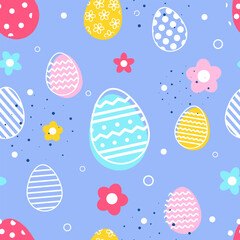 Colourful Easter background with eggs and flowers. Seamless pattern. Vector illustration