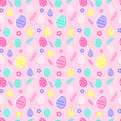 Colourful Easter background with eggs and flowers. Seamless pattern. Vector illustration