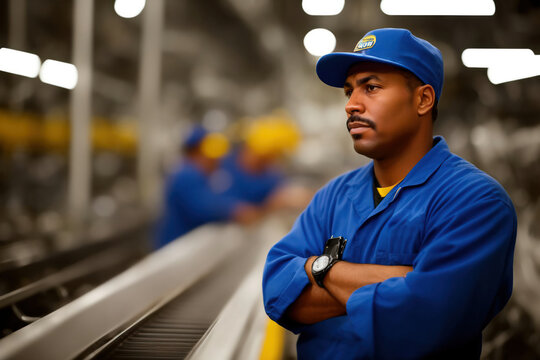 Candid Portrait Of An Afrcican American Factory Worker Dressed In Work Clothes Standing In The Production Line With Arms Crossed, Generative AI