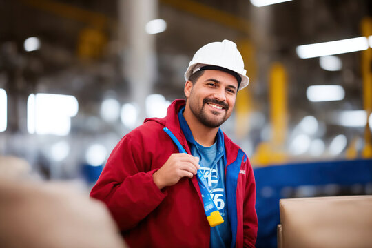 Candid portrait of a smiling American factory worker wearing hard hat and work clothes standing in the production line, generative AI