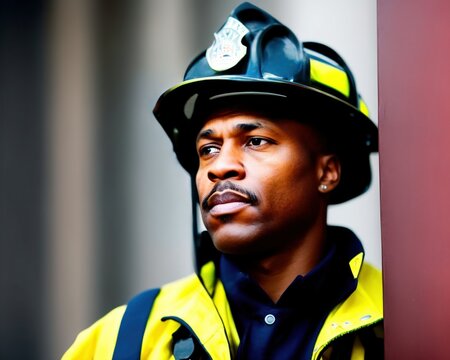 Candid shot of a confident African American male firefighter in uniform standing in front of fire station, generative ai