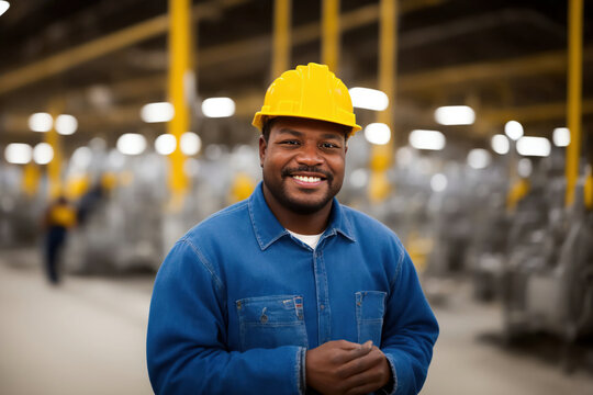 Candid portrait of a smiling African American factory worker wearing hard hat and work clothes standing in the production line, generative AI