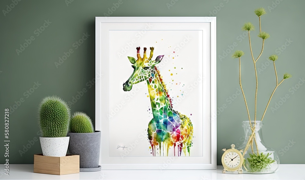 Poster a picture of a giraffe in a white frame on a shelf next to a cactus and a clock on a green wall with