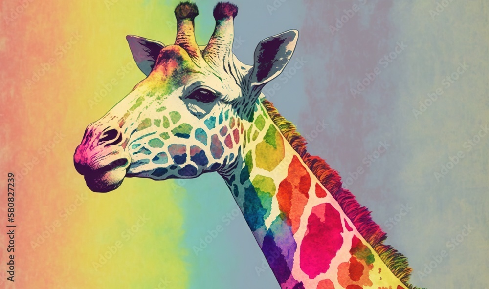 Poster  a giraffe with a multicolored pattern on it's face and neck is standing in front of a rainbow colored background.  generative ai