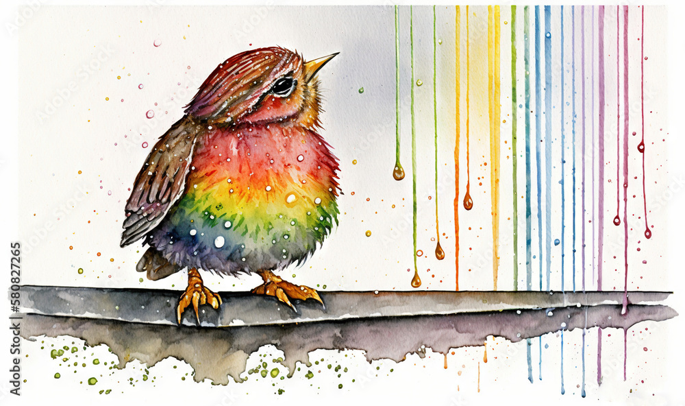 Poster a colorful bird sitting on a ledge with a rainbow rain falling down on it's head and a rainbow rain 