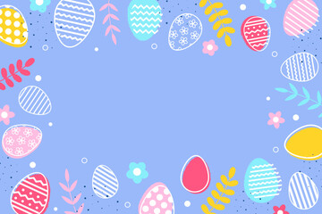 Pastel Easter background with eggs and flowers. Minimal design for card, poster and banner. Vector illustration