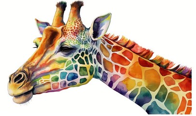  a colorful giraffe with a white background is featured in this painting of a giraffe's head with a multi - colored pattern.  generative ai