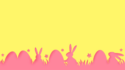 Easter background with paper cut eggs and rabbits. Minimal layout design. Vector illustration