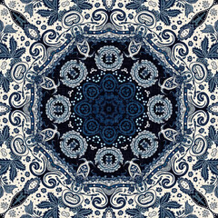Retro indigo floral bandana 2 tone patterned fabric background. Seamless boho denim blue design. Fashion masculine wall paper. 