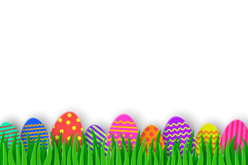 Coloured eggs hidden in the grass. Paper cut Easter background. Vector illustration