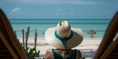 Fototapeta na wymiar A beautiful woman wearing a large sunhat relaxing on a beach looking at the ocean. Generative ai