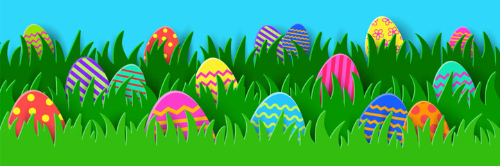 Colourful Easter eggs hidden in the grass. Paper cut style banner. Panoramic header. Vector illustration