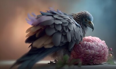  a bird sitting on top of a pink flower next to a green leafy plant and a blue and white bird on top of a pink flower.  generative ai