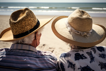 Elderly couple tourists looks at beautiful azure sea in summer, back view. Ai generated - obrazy, fototapety, plakaty