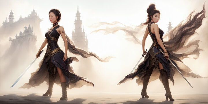 Samurai womens in black shadow suits posing
