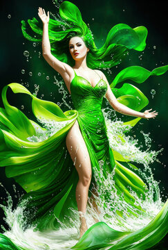Dance of woman in green dress underwater	
