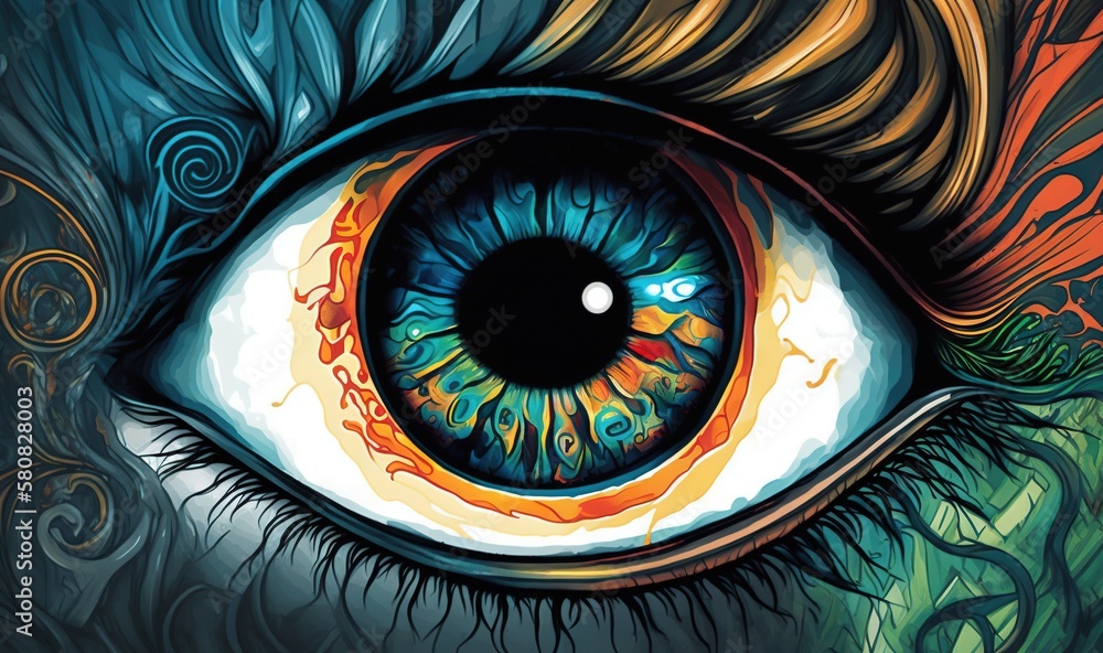 Poster a close up of an eye with a colorful pattern on the iris of it's iris and a white eyeball in the cen