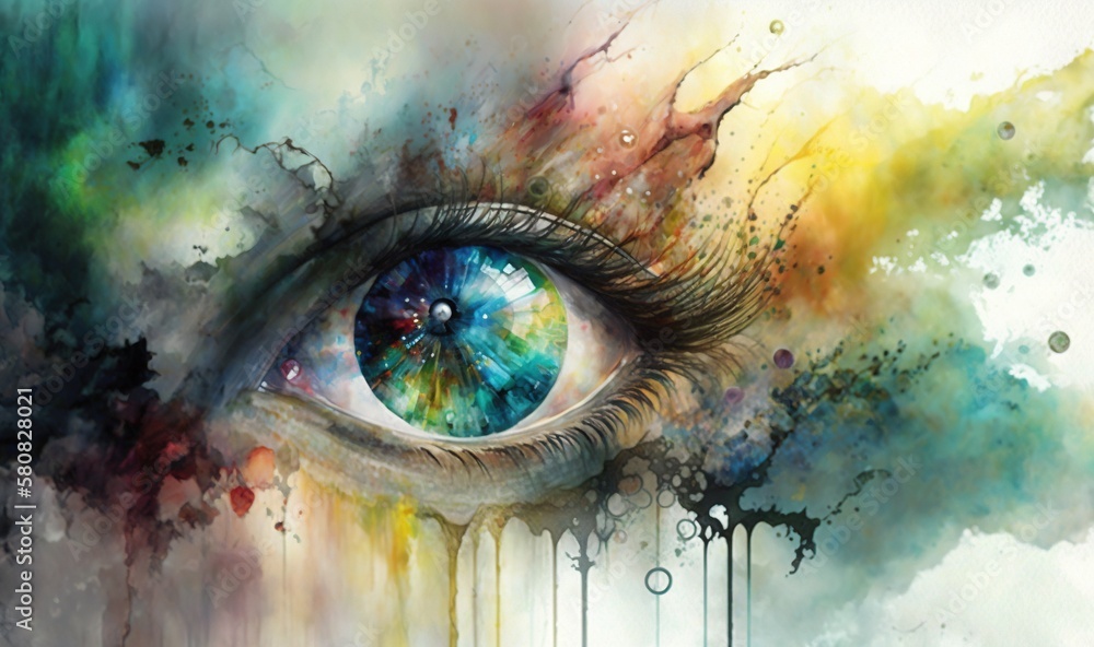 Poster a painting of an eye with colorful paint on the outside of it, and the inside of the eye is painted 