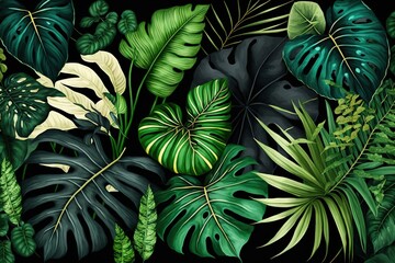  a black background with green and yellow leaves and plants on the bottom right corner of the image is a black background with green and yellow leaves.  generative ai
