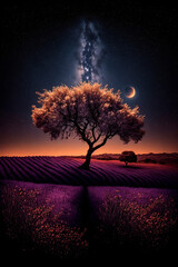 Obraz na płótnie Canvas A lone tree in the middle of a lavender field. Generative AI