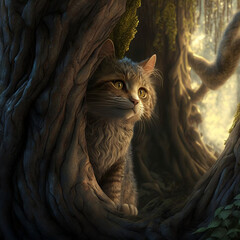 cat in a tree in the middle of the forest, cat illustration puppy generated with AI
