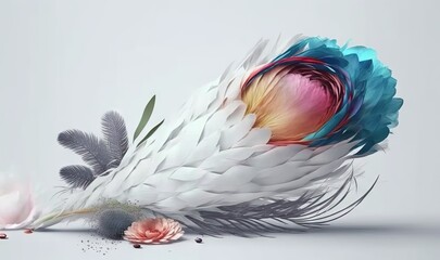  a white feather with a flower on the side and a pink flower on the other side of the image, with a gray background and white backdrop.  generative ai