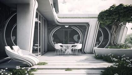 Futuristic chrome modern terrace with table and chairs next to the garden for the perfect breakfast location