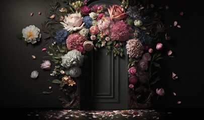  a bunch of flowers that are on a door frame in a room with a black wall and a black door with a black door and a black background.  generative ai