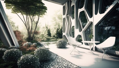 Futuristic chrome modern terrace with table and chairs next to the garden for the perfect breakfast location