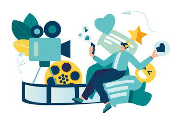 online cinema, concept of cinematography, little people are shooting a video of a big man Vector illustration on white background