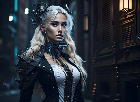 An appealing woman in Steampunk and Cyberpunk garb on dark background. Generative AI.