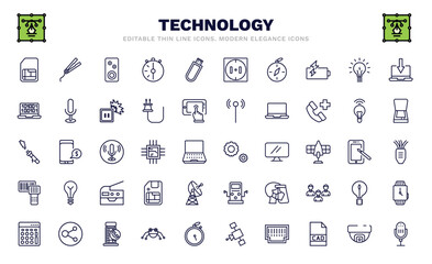 set of technology thin line icons. technology outline icons such as big, sound box, basic compass, digitate, electronic cigarette, services, portable scanner, basic calculator, radio microphone