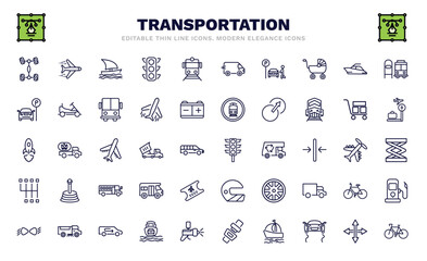 set of transportation thin line icons. transportation outline icons such as chassis, sailing boat, parking men, car parking, space rocket launch, semaphore, shift, car lights, bikes vector.