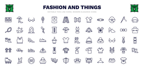 Naklejka na ściany i meble set of fashion and things thin line icons. fashion and things outline icons such as laundry zone, style, neck gaiter, handbag elegant de, skein, cloth, firefighter hat, caveman, vector.