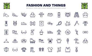 set of fashion and things thin line icons. fashion and things outline icons such as hell, two carnival masks, sportswear, bandages, cord lace, gym shoes, clothing hanger, woman bag, stripped tie