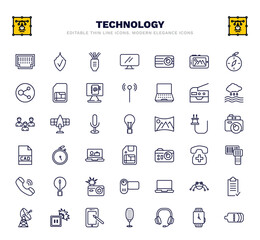 set of technology thin line icons. technology outline icons such as telephone connector, tinsel, retro squared camera, photocopier, light bulb turned off, stopwatch running, portable scanner, laptop