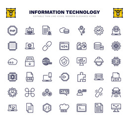 set of information technology thin line icons. information technology outline icons such as programming language, bug report, seo funnel, mysql, authorize, css file format, jsx, seo consulting, js