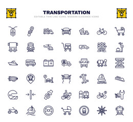 set of transportation thin line icons. transportation outline icons such as scooter bike, loaded truck side view, heavy vehicle, galleon, gas truck, tram stop, bobsleigh, scholar bus stop, steering