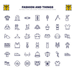 set of fashion and things thin line icons. fashion and things outline icons such as hawaiian, gym belt, mirrors, sportswear, office briefcase, gym clothes, suspenders, knit hat, handbag elegant de