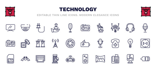 set of technology thin line icons. technology outline icons such as lcd screen, basic plug, tablet with picture, radio microphone, teletransportation, battery power, big, phone box, panoramic,