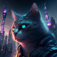 Futuristic cat illustration, profile cat shot, cyberpunk futuristic environment background, AI generated image