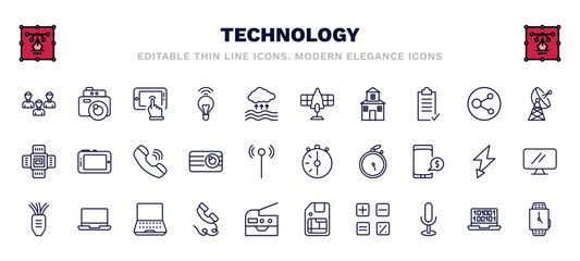 set of technology thin line icons. technology outline icons such as customers, touchscreen, solar plane, satellite station, telephone receiver, half hour, tinsel, phone with wire, mathematical