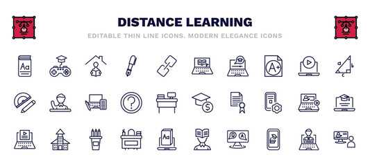 set of distance learning thin line icons. distance learning outline icons such as vocabulary, homework, elearning, trigonometry, blended learning, business education, video tutorials, teacher desk,