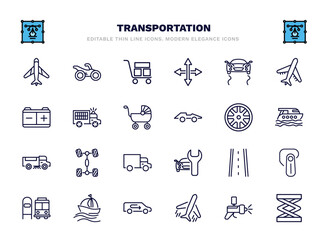 set of transportation thin line icons. transportation outline icons such as airplane pointing up, cart with boxes, stability, prison bus, alloy wheel, chassis, road with broken lines, sailing,