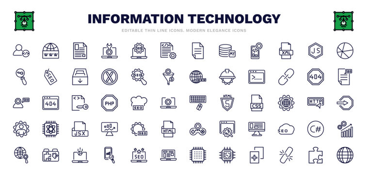 set of information technology thin line icons. information technology outline icons such as developer, article, compiler, js, code terminal, keyboard and mouse, image seo, simulation, web page