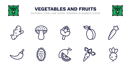 set of vegetables and fruits thin line icons. vegetables and fruits outline icons such as mushroom, artichoke, apricot, horseradish, chili, chili, rambutan, lemon, carrot, radish vector.