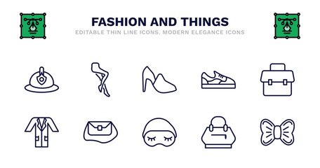 set of fashion and things thin line icons. fashion and things outline icons such as tights, hell, gym shoes, office briefcase, lab coat, lab coat, shoulder bag, sleeping mask, fashion bag, elegante
