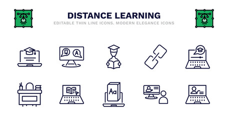 set of distance learning thin line icons. distance learning outline icons such as qa, studying, links, e learning, teacher desk, teacher desk, elearning, digital book, online training,